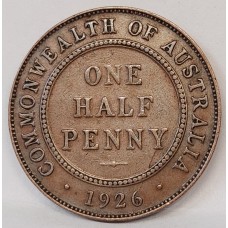 AUSTRALIA 1926 . HALF 1/2 PENNY . VARIETY . DIE CRACKS ON REVERSE
